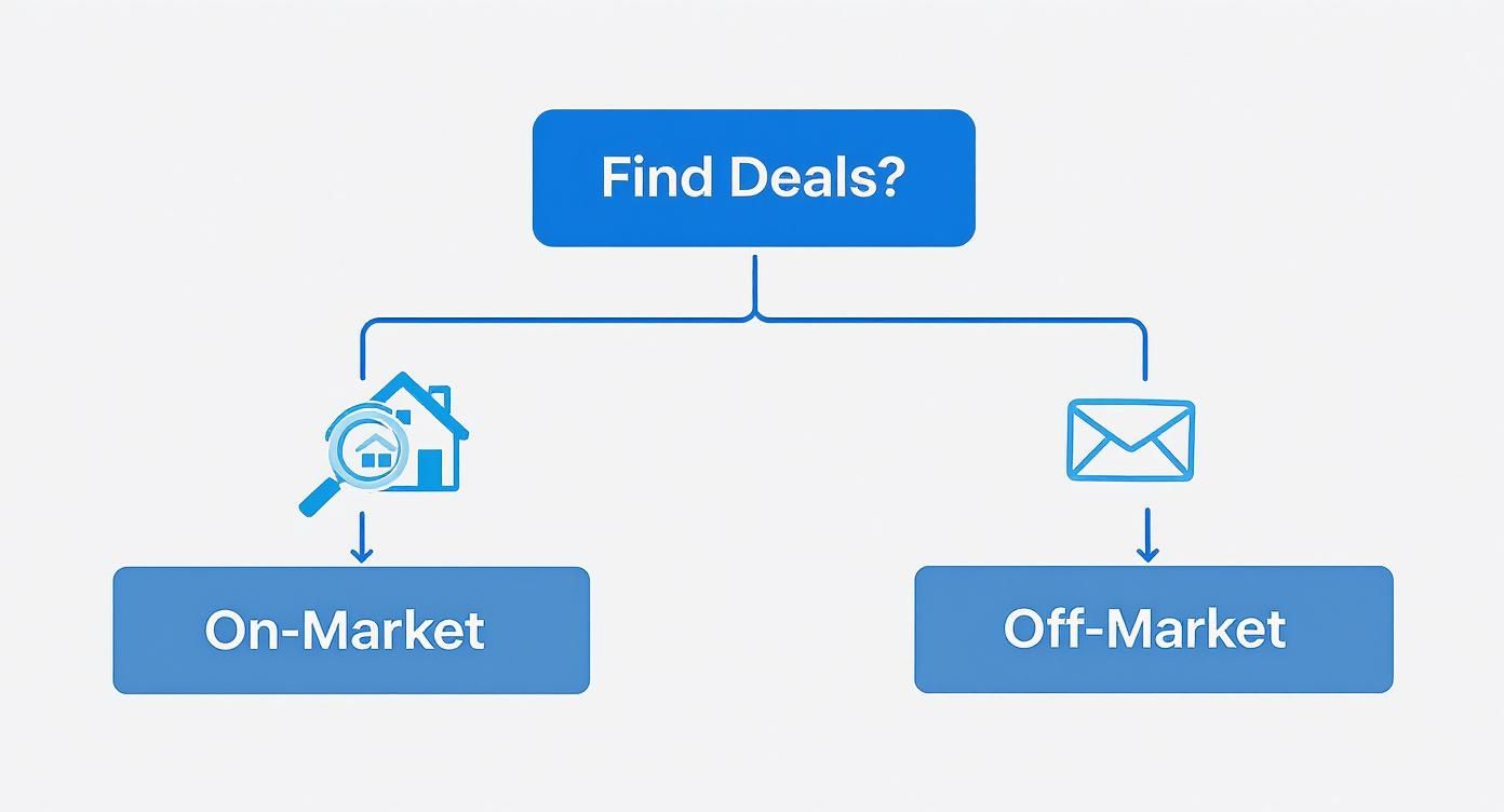 Flowchart showing two methods to find real estate deals: on-market and off-market strategies