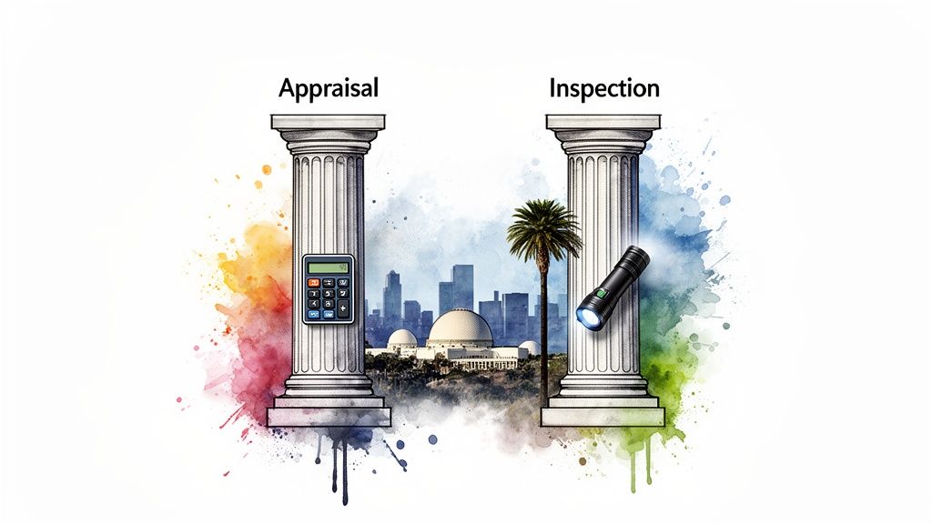 A visual metaphor: two columns representing appraisal with a calculator and inspection with a flashlight.