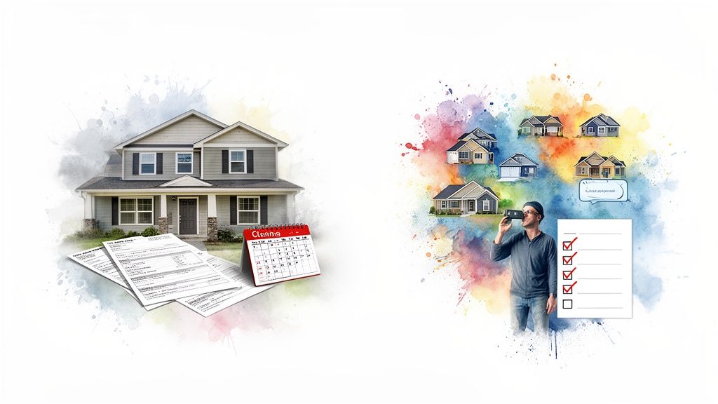 Illustration of home buying process: house, documents, calendar, and man viewing multiple houses with a checklist.