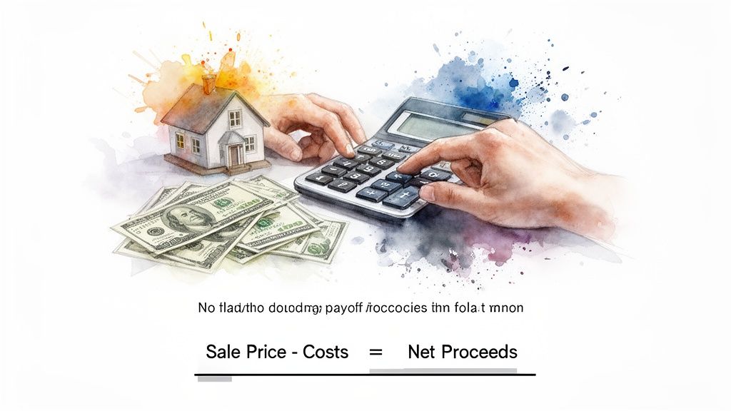 Watercolor illustration of hands using a calculator next to a house and money, showing sale proceeds calculation.