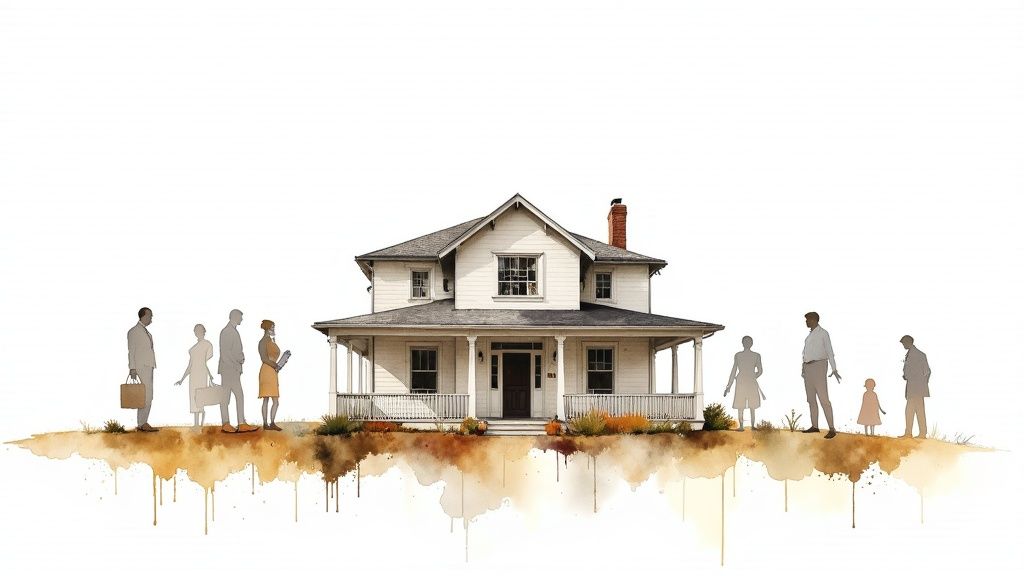 A person examining a historical document with a magnifying glass, representing a title search.