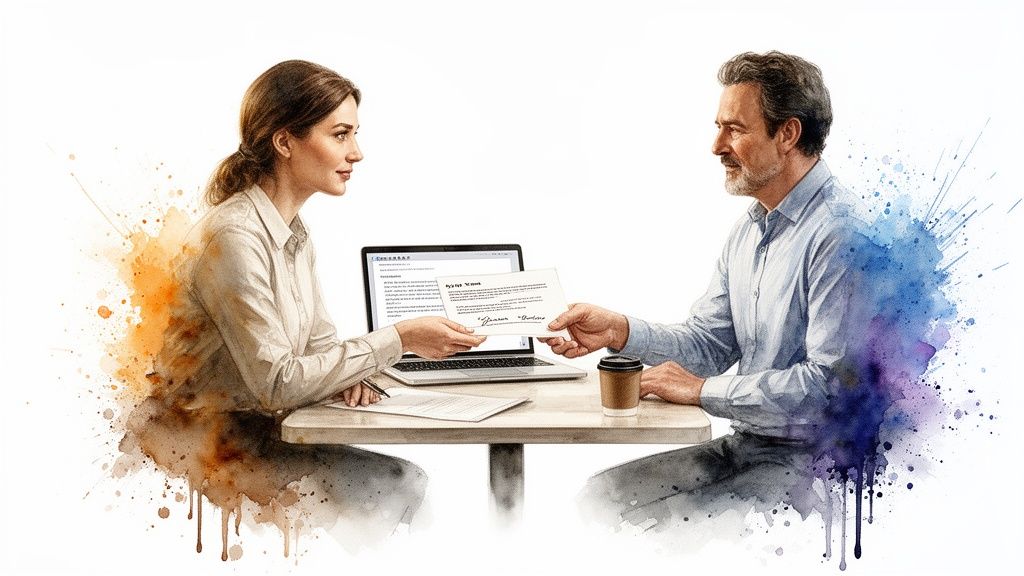 Two people at a table, one woman and one man, exchanging a signed document in a watercolor style.