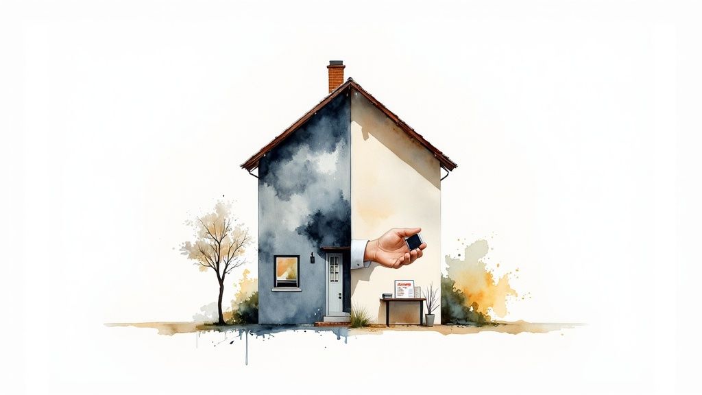 A modern living room and kitchen area with large windows, indicating a house ready for sale.