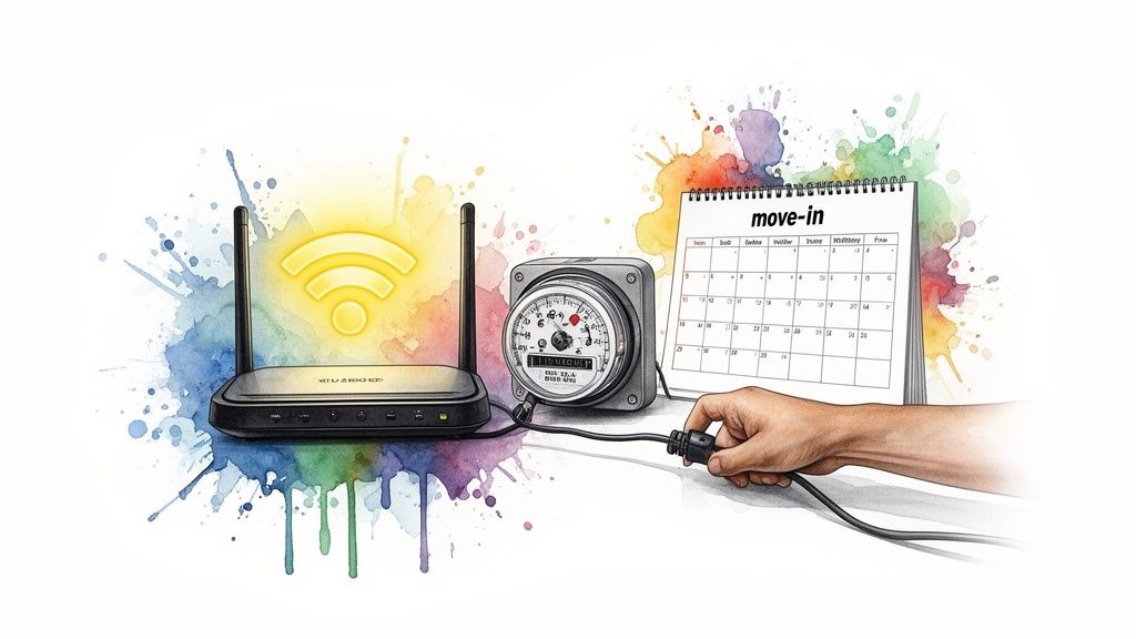 A colorful illustration showing a WiFi router, electricity meter, move-in calendar, and a hand plugging in a cable.