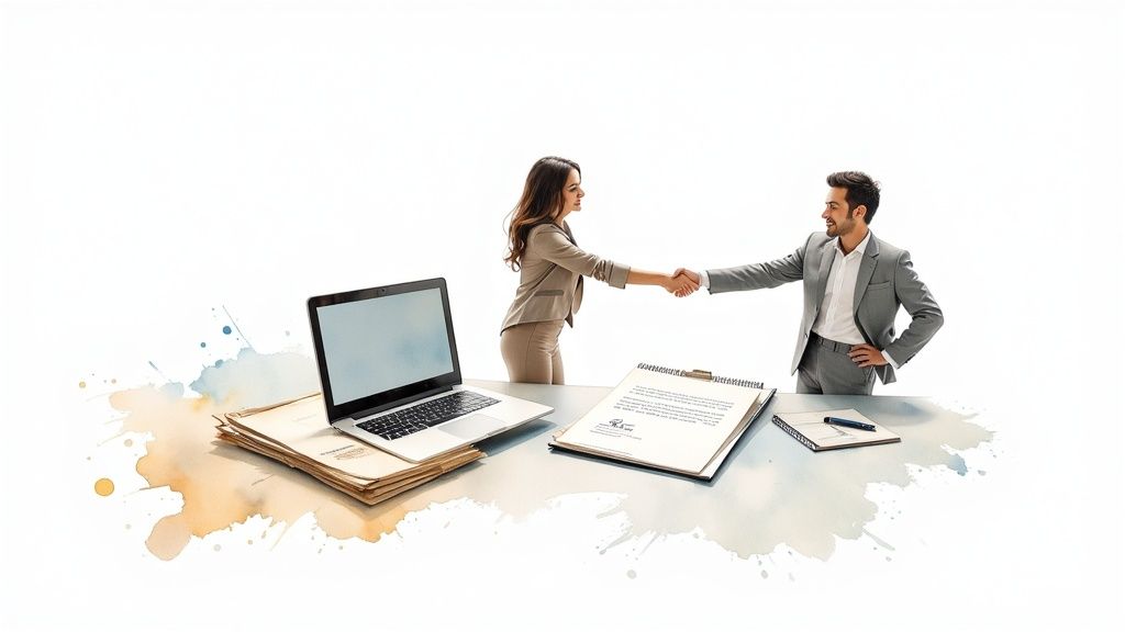 Two business professionals shaking hands across desk with laptop and contract documents