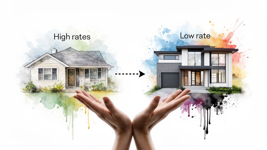 Hands support houses, illustrating a transition from high to low mortgage rates with an arrow.