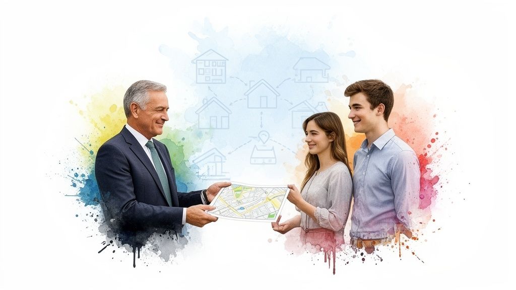 Real estate agent hands a map to a young couple, symbolizing home buying and property search.