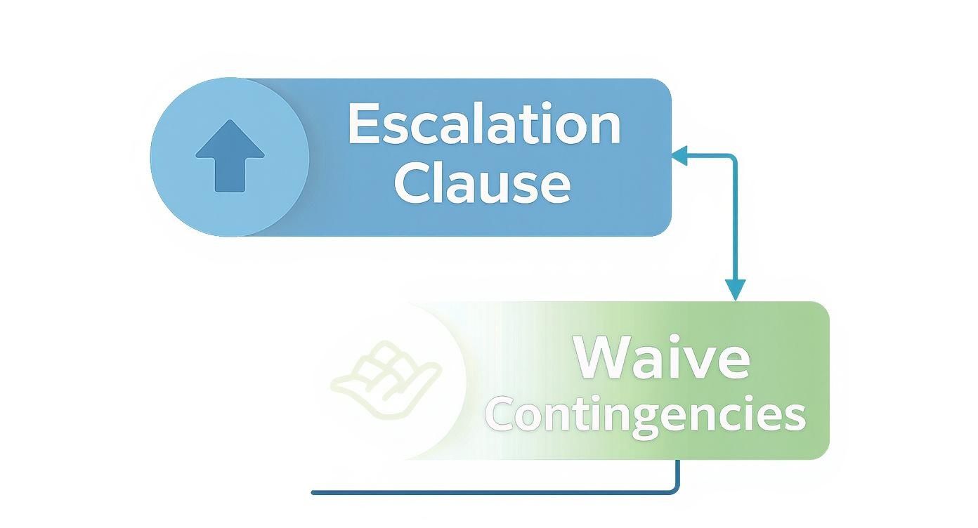 Diagram showing escalation clause connecting to waive contingencies in home bidding strategy