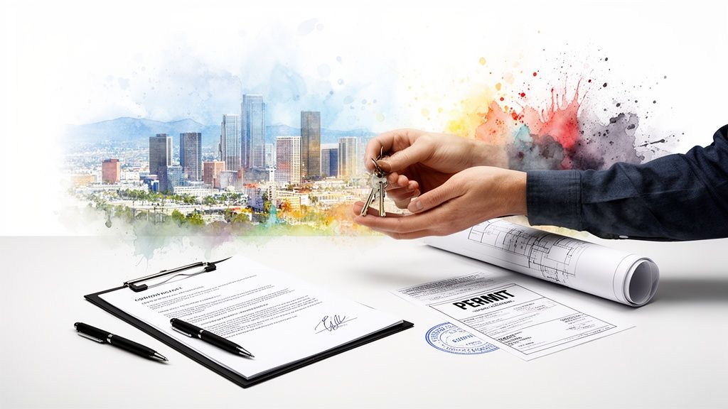Hands exchanging keys, contract, blueprint, and permit against a watercolor city skyline.