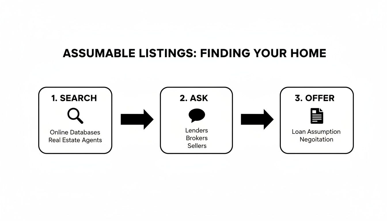 Flowchart detailing three steps for finding and offering on assumable home listings.