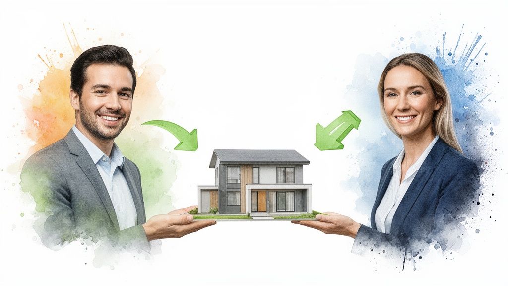 Two smiling real estate agents holding a house model with exchange arrows.