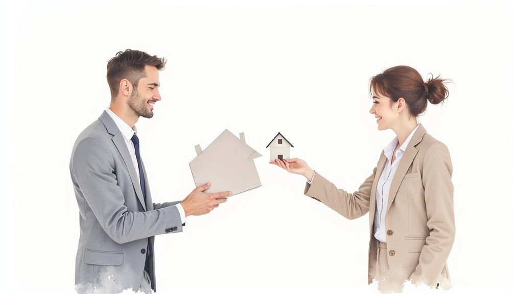 Two smiling real estate agents exchange house models, symbolizing a property transaction.