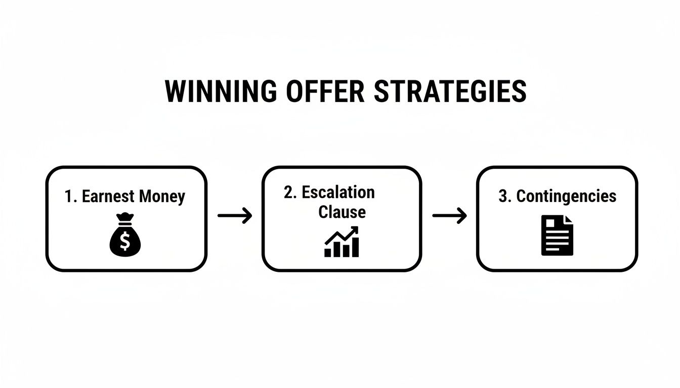 A flowchart illustrates winning offer strategies for real estate, detailing earnest money, escalation clauses, and contingencies.