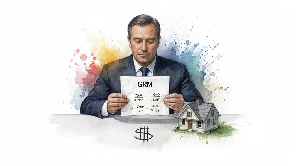 Businessman evaluating real estate finances with GRM calculations, a house model, and a dollar sign.