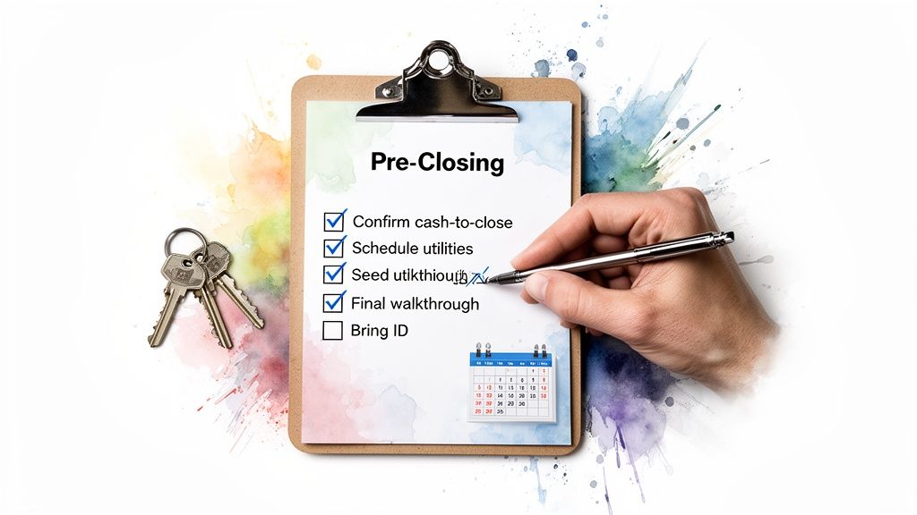 Hand checking off a pre-closing checklist on a clipboard with house keys and a calendar.