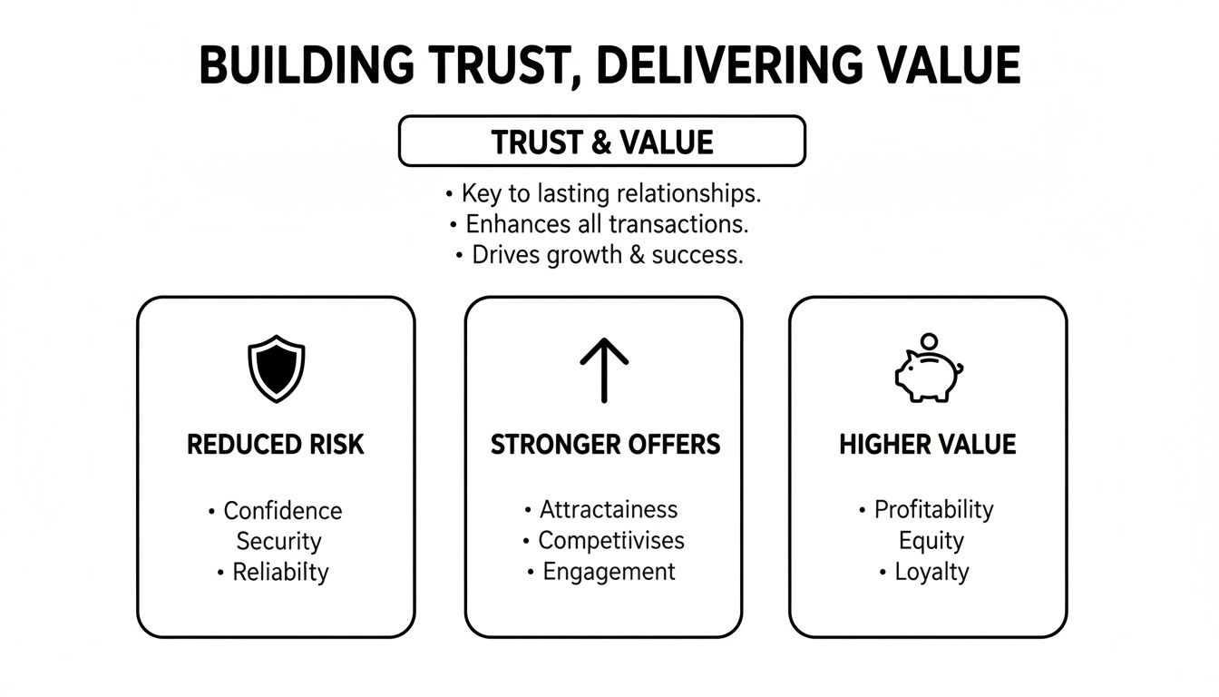 Diagram illustrating building trust and delivering value through reduced risk, stronger offers, and higher value.