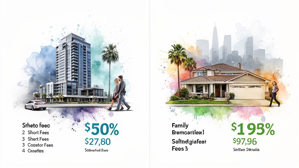 Illustration comparing urban apartment costs and suburban family home fees with watercolor splashes.
