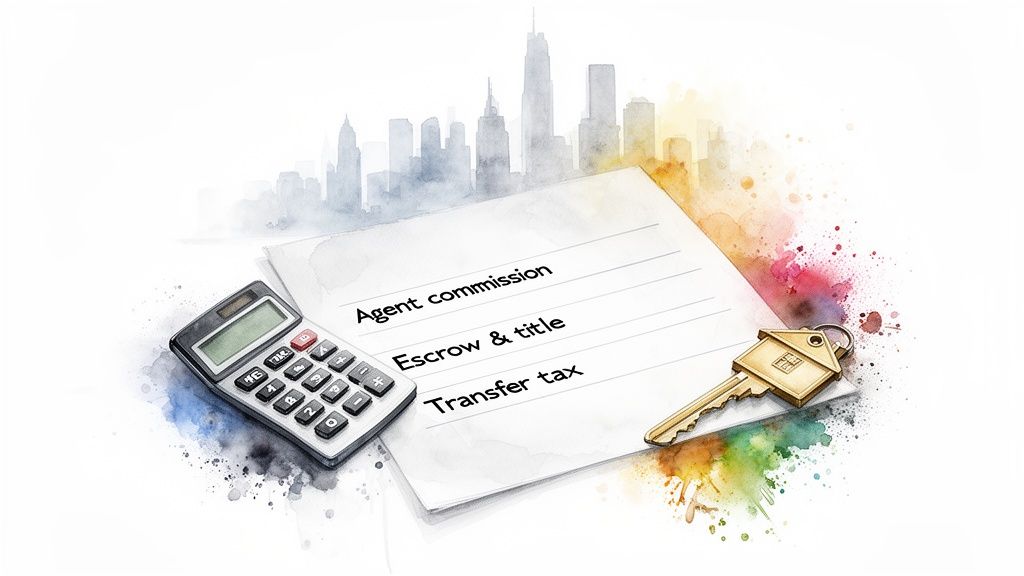 Watercolor illustration of calculator, house key, and paper listing real estate closing costs: agent commission, escrow, transfer tax.