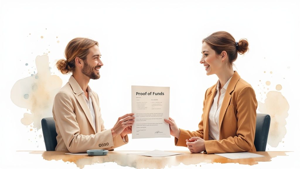 A smiling person at a bank counter receiving an official document, looking relieved and confident.