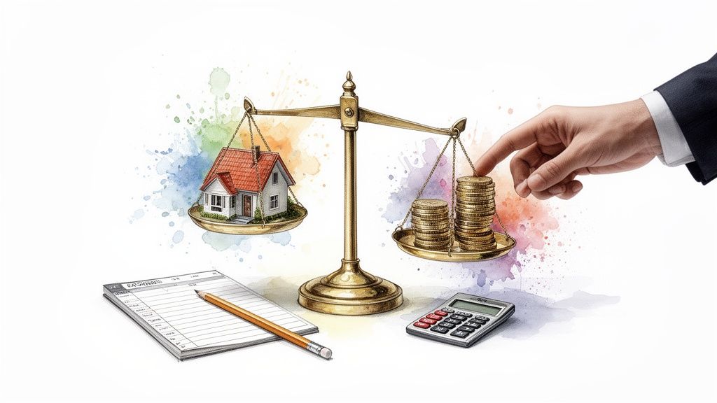 Hand balancing a house and money on a scale, with calculator and notebook, representing real estate finance.