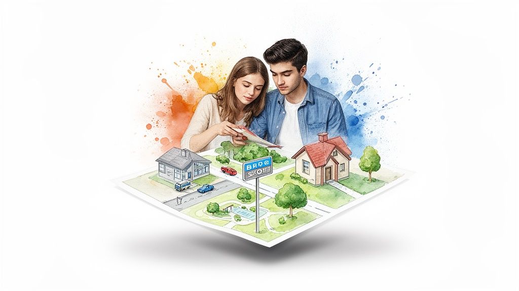A young couple studies a detailed watercolor map showing houses, cars, and trees, planning their home.