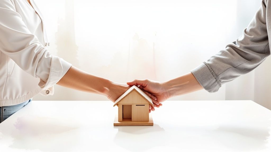 Two hands from different people holding a small wooden house model on a white table.