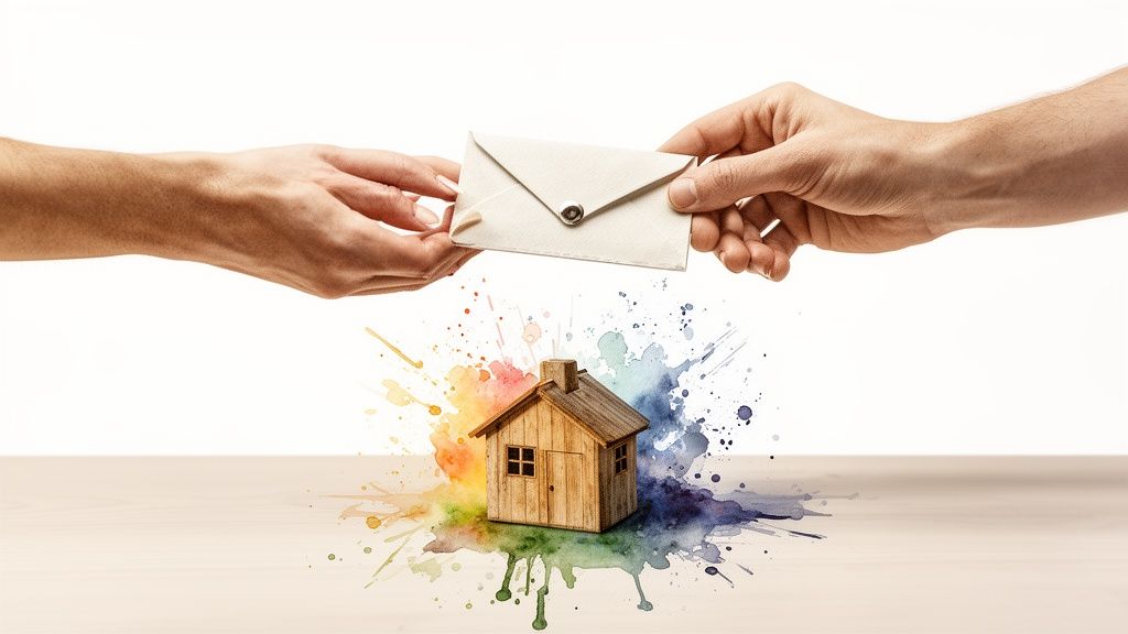 Two hands exchanging a letter above a miniature wooden house on a vibrant watercolor background.