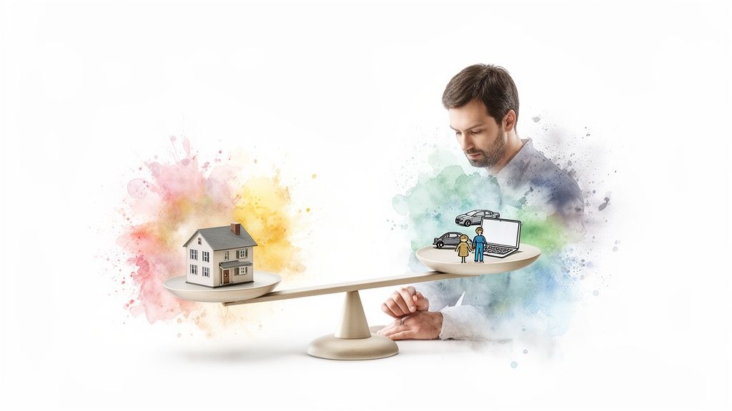 A man contemplates choices between a house and other life priorities on a balancing scale.