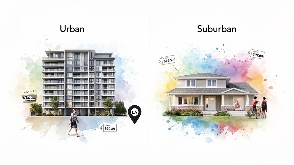A visual comparison of urban apartment living versus suburban detached home living, showing different price points.