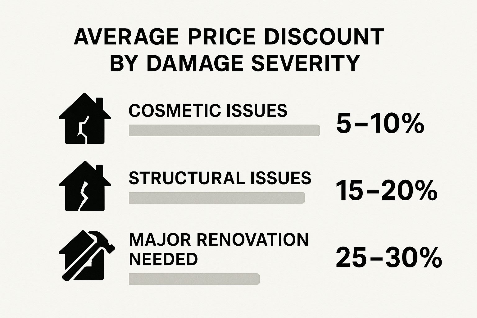 Infographic comparing average price discounts for distressed properties based on damage severity.