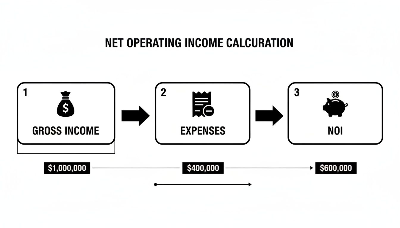 Flowchart illustrating the calculation of Net Operating Income (NOI) from Gross Income minus Expenses.
