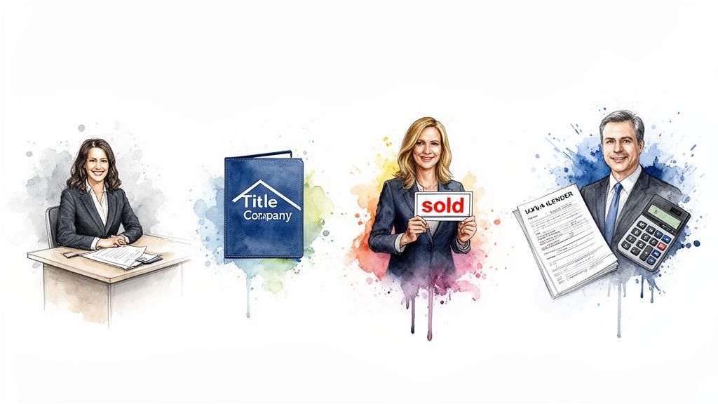 Watercolor illustrations of real estate professionals, a title company, and a lender for a home closing.