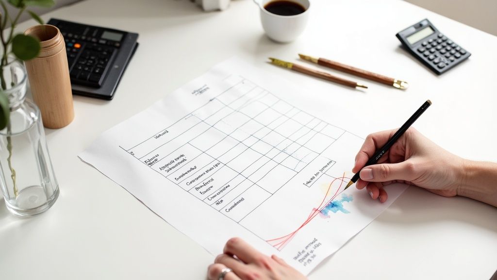 A person working on a laptop, surrounded by blueprints and color swatches.