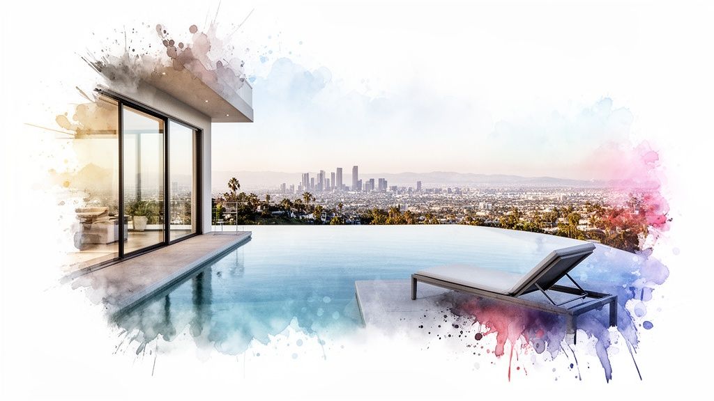 Luxury home with infinity pool overlooking the Los Angeles skyline from Hollywood Hills.