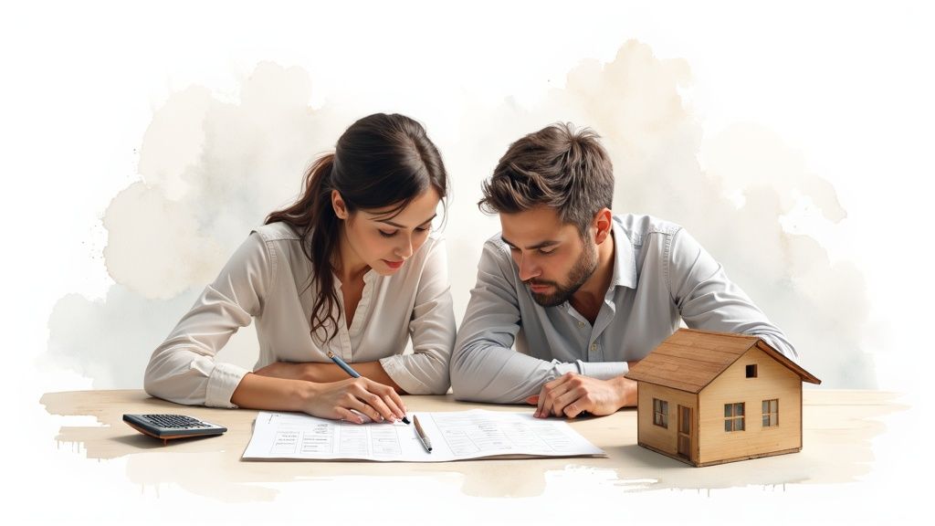 A couple reviewing documents and a house model on a table, discussing real estate or home buying.