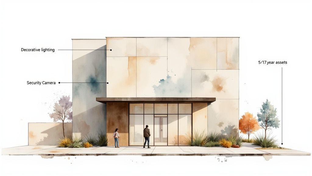 Watercolor illustration of a modern commercial building with highlighted assets like lighting, security camera, and depreciation periods.