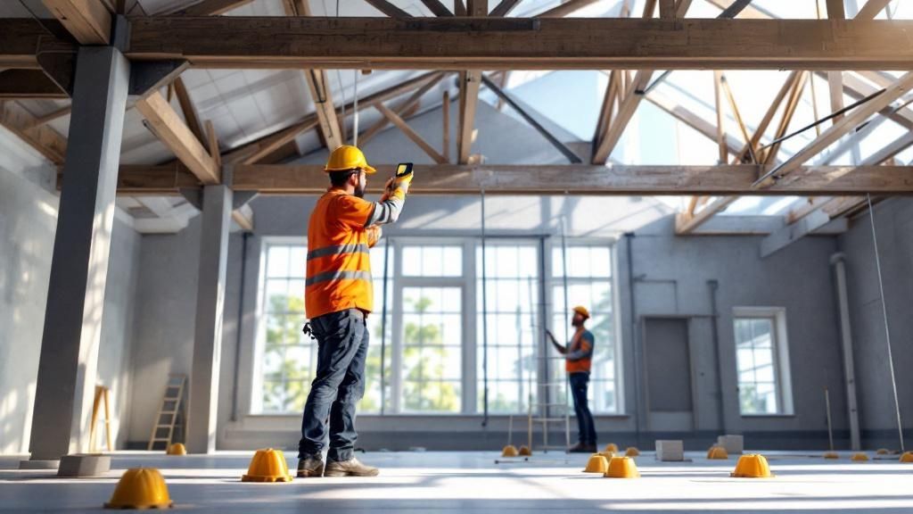 Image of an inspector examining a building's exterior, representing a Property Condition Assessment
