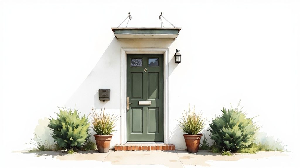 Watercolor painting of a charming house entrance with a green front door and potted plants.
