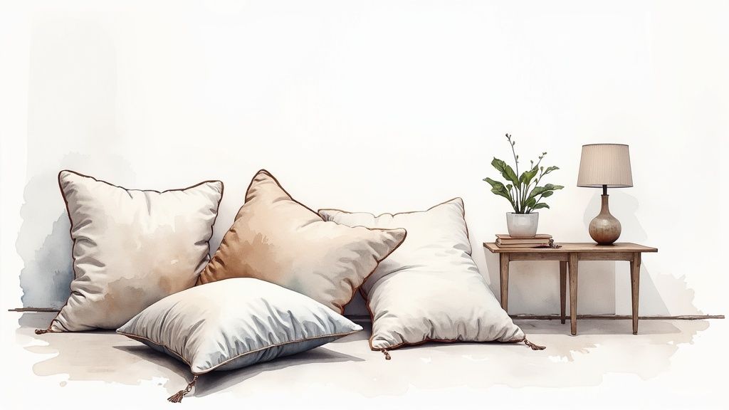 A person with a question mark thought bubble looking at a staged living room.