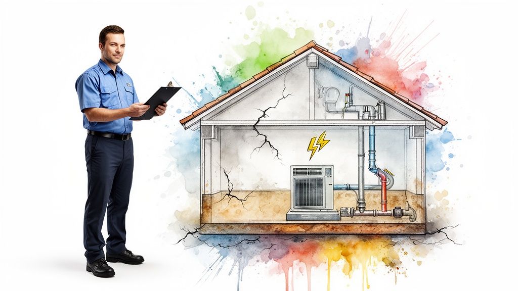 Home inspector with clipboard next to house diagram showing internal systems and structural issues.