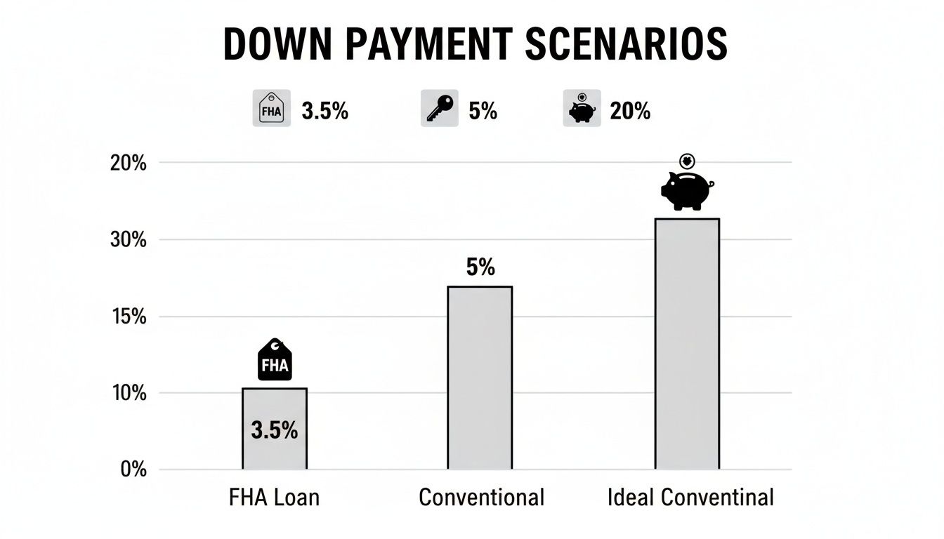A bar chart comparing down payment percentages for FHA, Conventional, and Ideal Conventional mortgage scenarios.