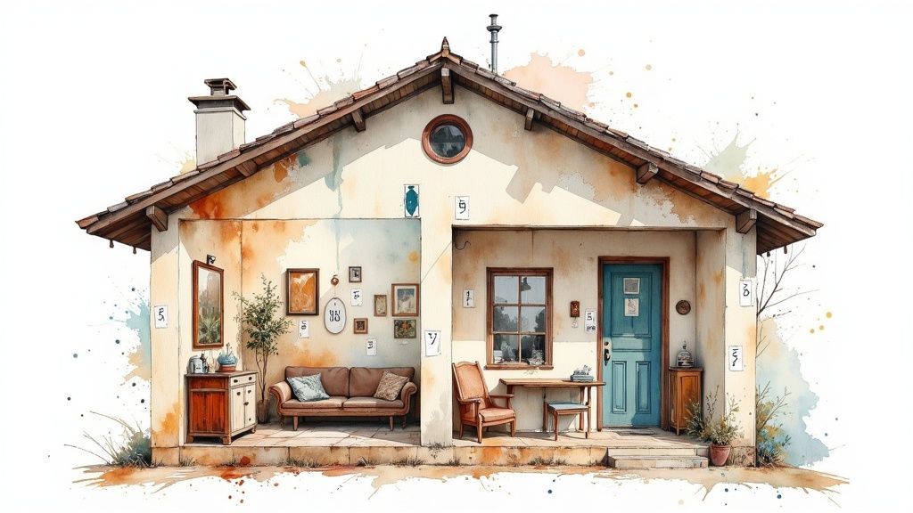 A person's hand using a calculator with blueprints and a measuring tape in the background.