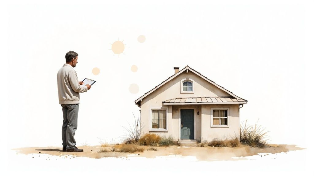A man with a clipboard inspects a small, cream-colored house under a sunny sky.
