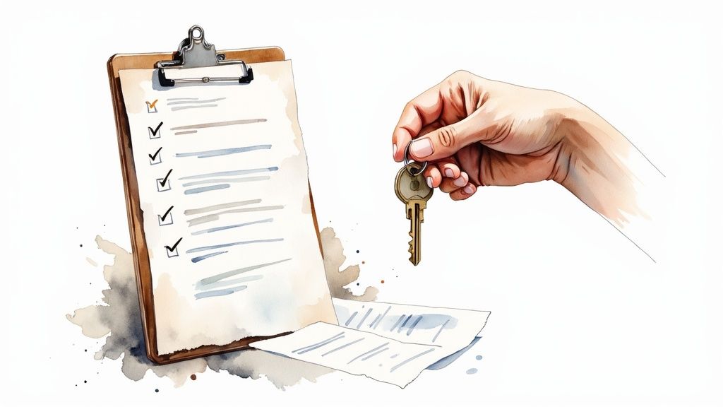 A person looking thoughtfully at a clipboard with a house in the background.