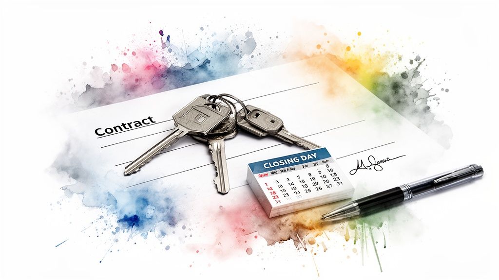 A real estate contract with house keys, a 'Closing Day' calendar, signature, and pen, on a watercolor background.