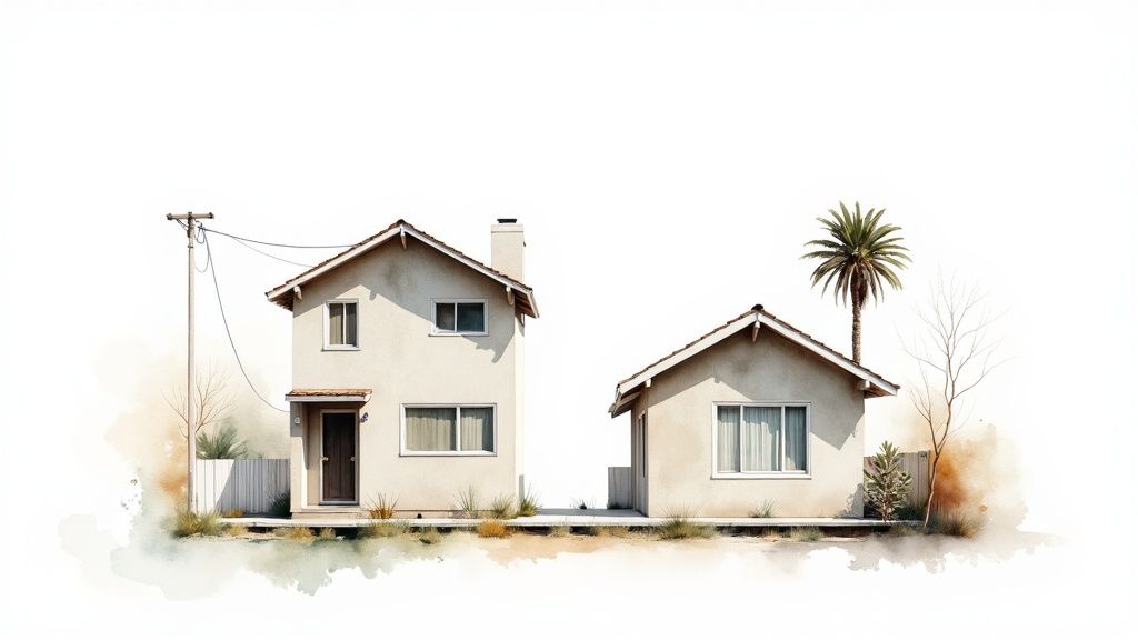 A modern living room in a Los Angeles home with large windows showing city views.