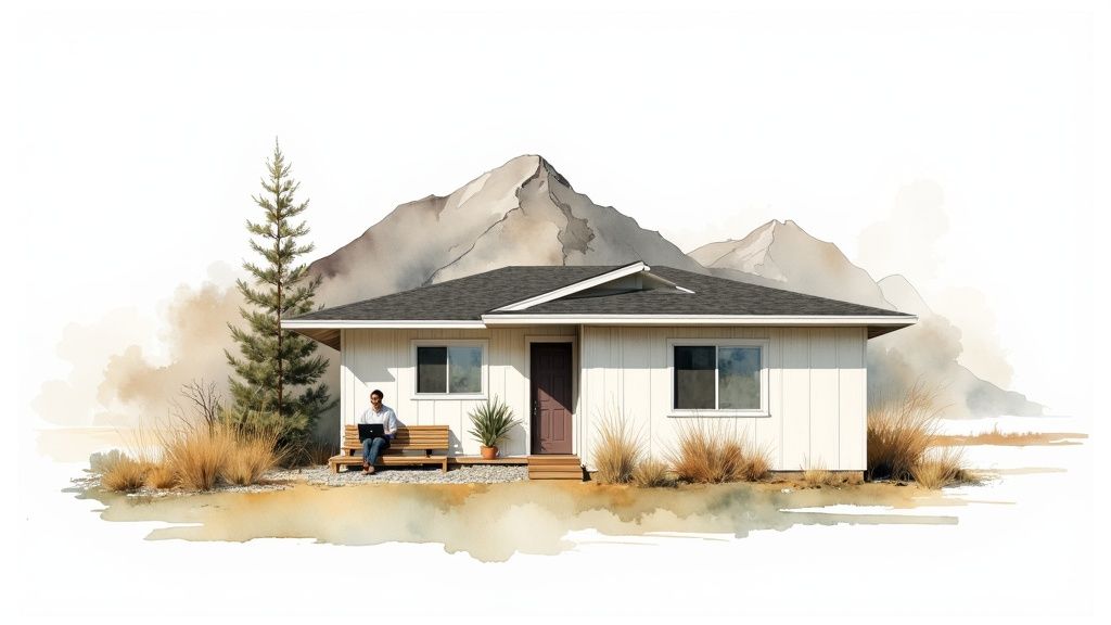 A person works on a laptop outside a modern white house with mountains in a watercolor landscape.