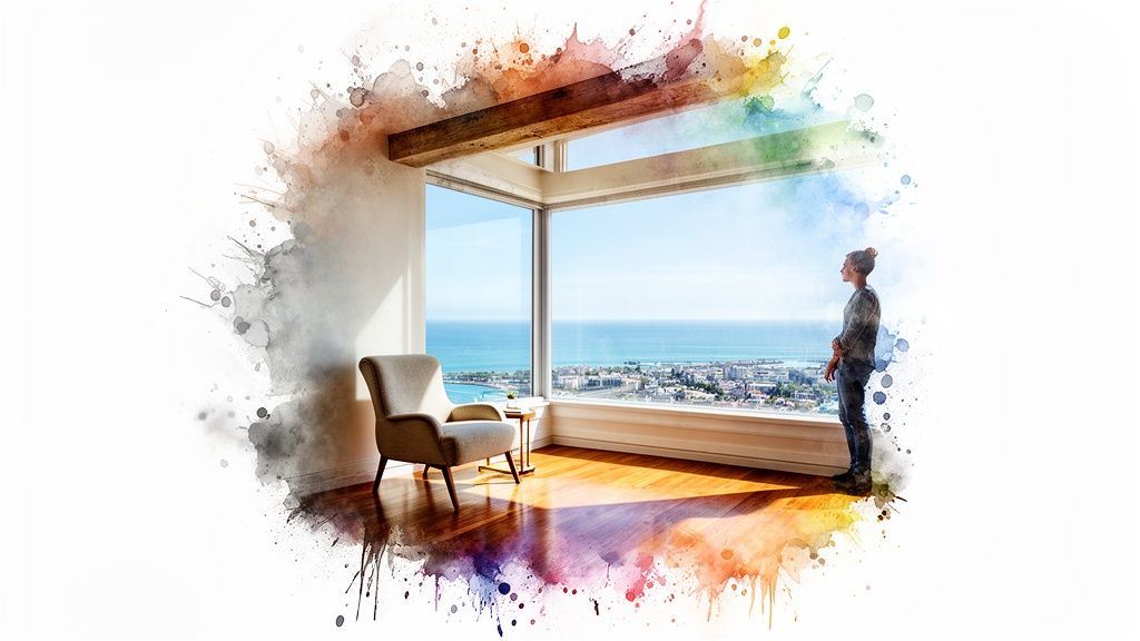 Woman in a modern room with watercolor splashes, looking at a scenic ocean and city view.