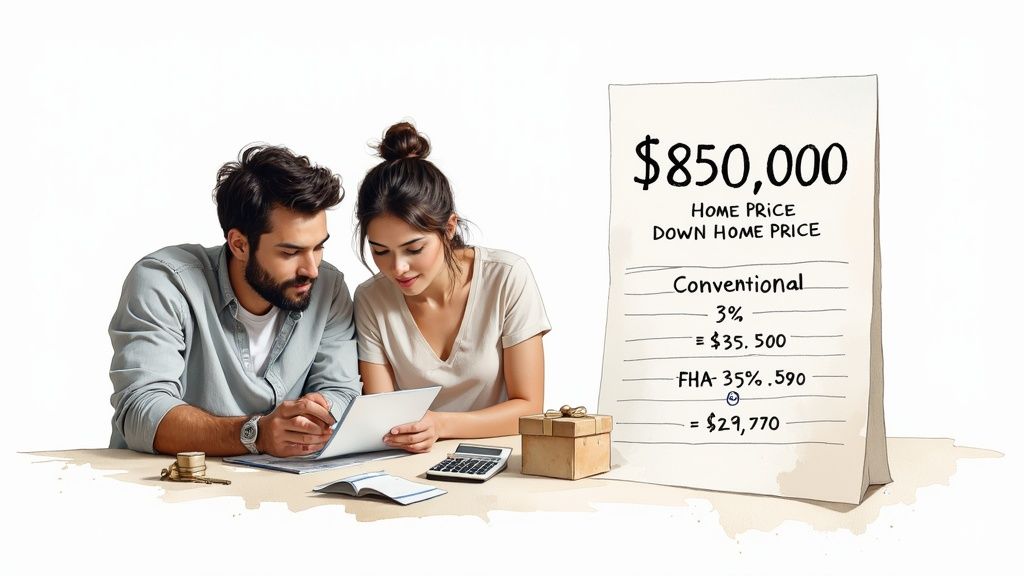 A couple reviews home loan options, comparing conventional and FHA down payments for an $850,000 home.