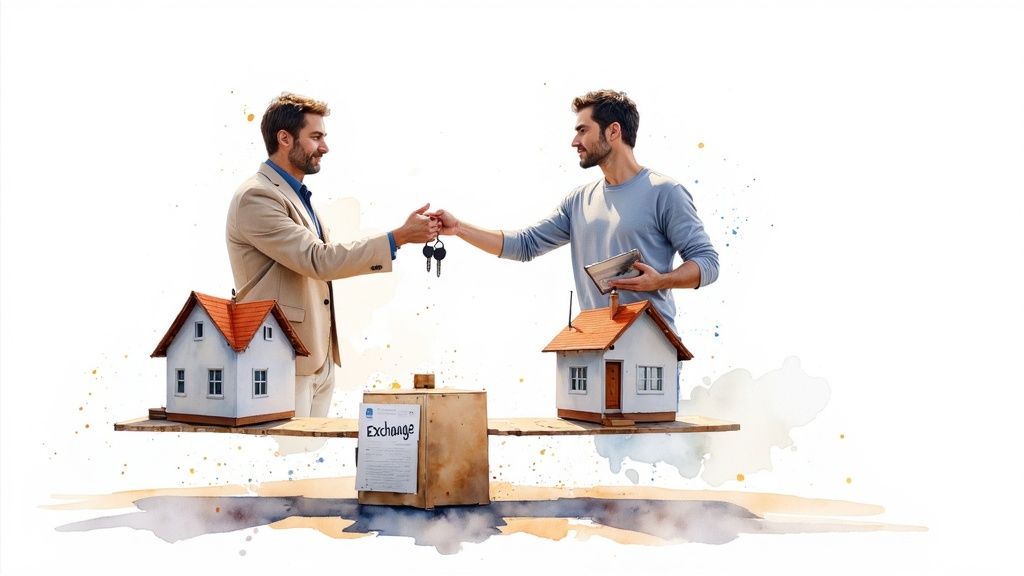 Two men exchanging keys above miniature houses and an 'Exchange' box, symbolizing a property exchange.